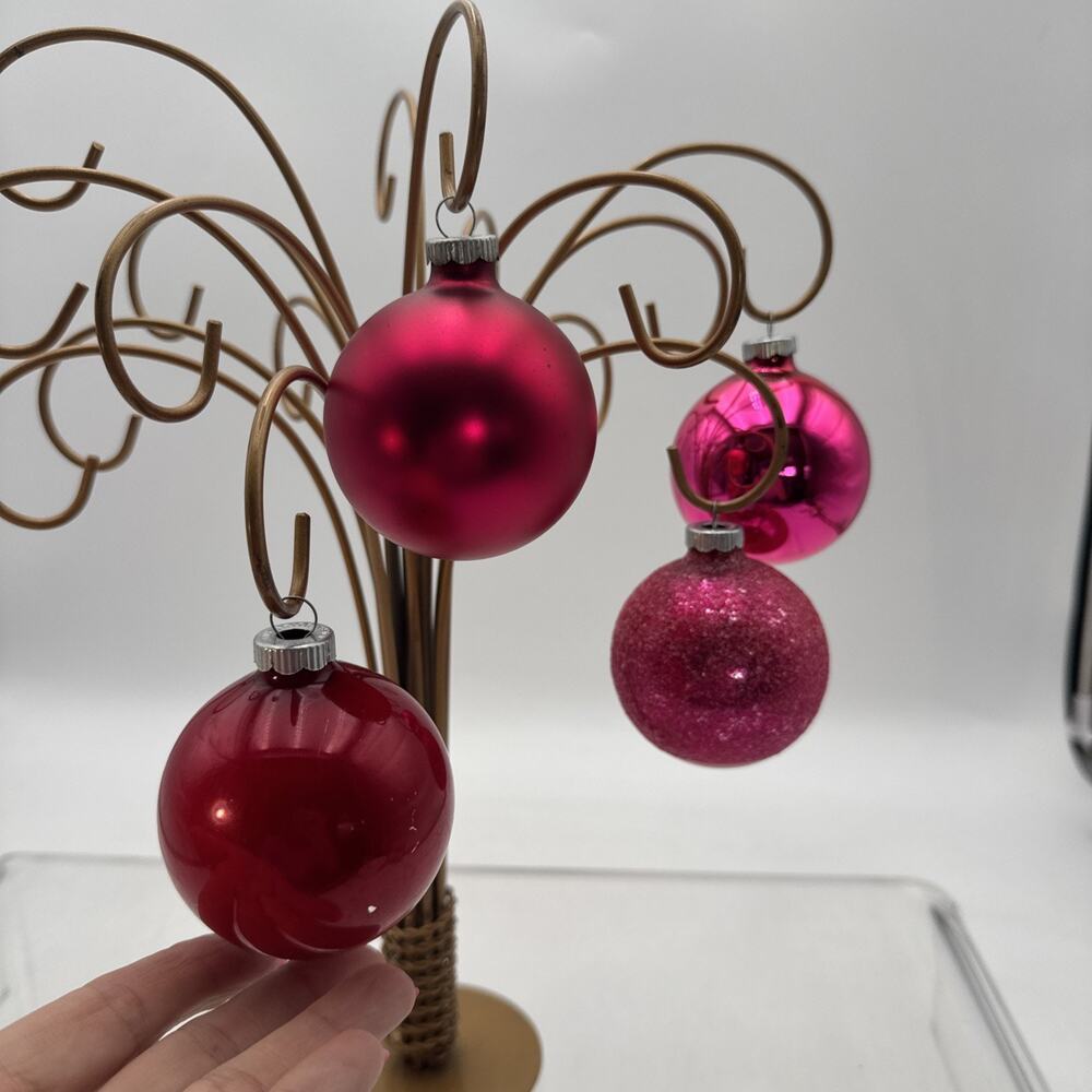 4 Shiny Brite 3” Christmas Balls - Hot Pink & Red Satin, Glitter & Shiny
